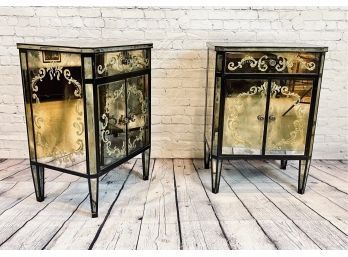 Pair Of Reverse/gilt Scroll Design Smoked Mirror Commodes  - John Salibello Antiques  - Purchased For $14,500