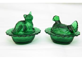 2 Small Green Glass Covered Dishes - Cat And Chicken