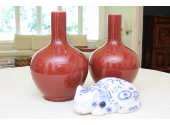 Pair Of Maroon Ceramic Vases And Blue And White Ceramic Sleeping Cat