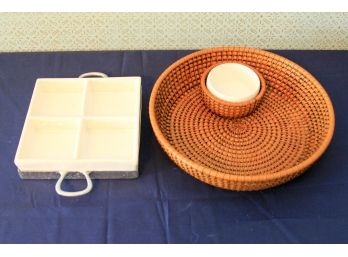 White And Stainless Dip Server And Rattan Chip And Dip Tray