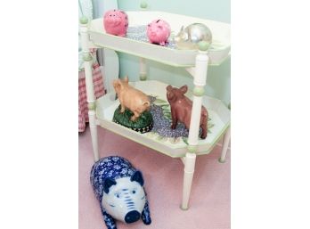 Lot Of 6 Pigs On Painted Hydrangea Tray Table