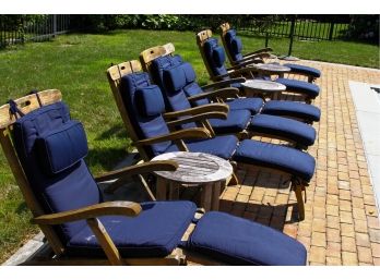 Set Of 6 Teak Steamer Chairs With Navy Sunbrella Cushions + 3 Kinglsey Bate Side Tables