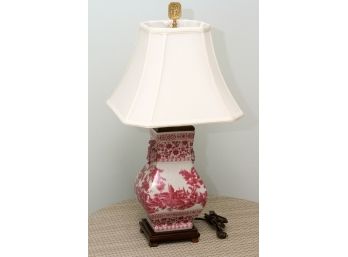 Red Asian Ceramic Lamp On Wood Stand