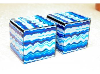 Pair Of Blue And White Decorative Boxes With Tops Attached