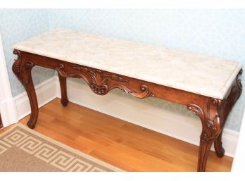Faux Marble Top Console Table With Carved Wood Leg