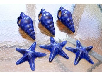 6 Pieces Of Ceramic Shell And Starfish Decor - Blue And Sand