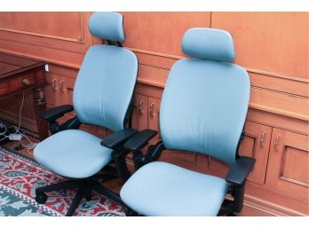 Pair Of Steelcase Leap Office Chairs - Custom Rough And Ready Finish Green/Blue Fabric