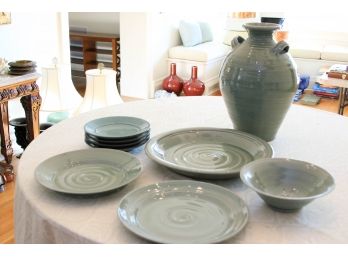 Collection Of Simon Pearce Celedon Green Pottery   Set Of Unsigned Plates