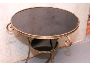 Antique Brass And Black Marble Round Table With 3 Clawfeet And 2 Shelves