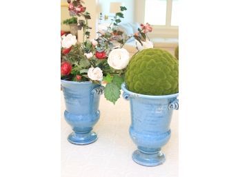Pair Of Blue Urns With Natural Faux Fillers