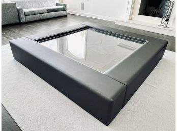 Oversized Chocolate Leather Coffee Table With Plexi Glass Tray Insert
