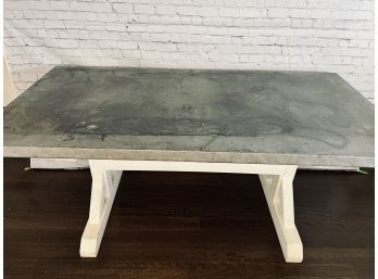 Zinc Top Trestle Table With Distressed White Wood Base