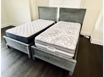 Pair Of Distressed Grey Wood Twin Beds With Sleepy's Hush Firm Mattresses
