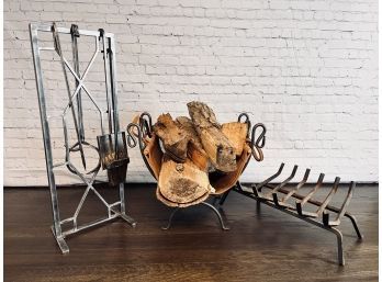 Set Of Wrought Iron 4 Piece Fireplace Tool Set,  Log Holder, And Fireplace Rack
