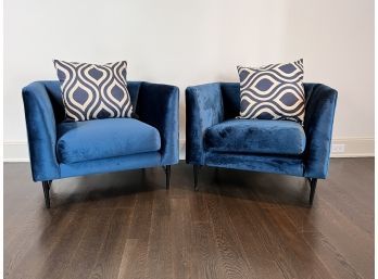 Pair Of Industry West Dune Blue Velvet Lounge Chairs With Black Metal Feet With Throw Pillows
