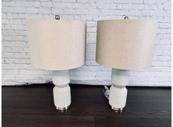 Pair Of Surya Stone And Brushed Nickel Lamps