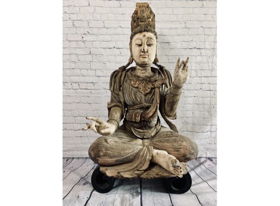 Antique Wooden Asian Meditating Buddha - Sitting On Stand