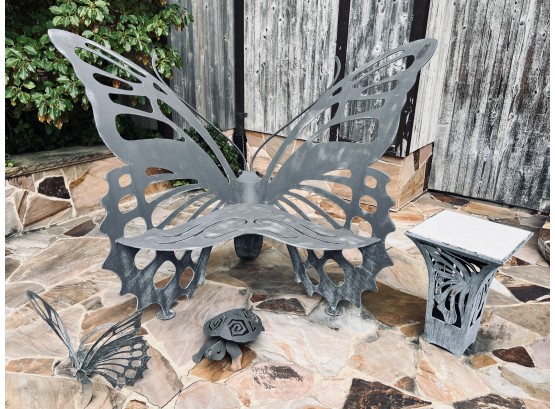 Cricket Forge Large Wrought Iron Sculptural Butterfly Seat With Side Table And Small Turtle And Butterfly