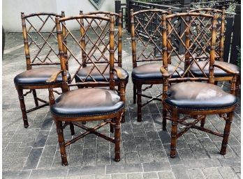 Set Of Theodore Alexander Dining Chairs - 2 Arm, 4 Side - Chippendale Style - Brown Leather With Nailhead