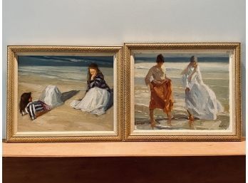 Pair Of Framed Signed Oil On Canvas - Richard Segalman - Women At The Beach - 1989