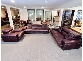 Pair Of Modern Polaris Srl Brown Leather With White Stitching  Couches With Matching Arm Chair