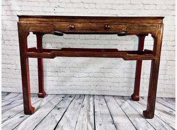 Asian Lacquered Console Table With 1 Drawer - Oxblood And Gold