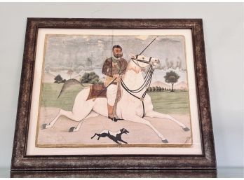 Framed Watercolor On Parchment - Man On White Horse With Dog - Shows Signs Of Age
