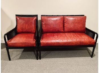 Set Of Carved Wood (looks Like Bamboo) With Cane Back And Arms And Red Naugahyde Upholstery