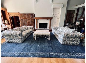 Pair Of Kreiss Oversized Down Filled 3 Cushion Couches - Blue And White Upholstery
