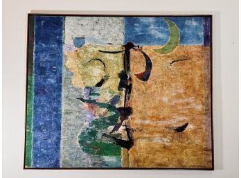 Large Multicolor Oil On Canvas - Tsugio Hattori - Japanese Character  And Moon