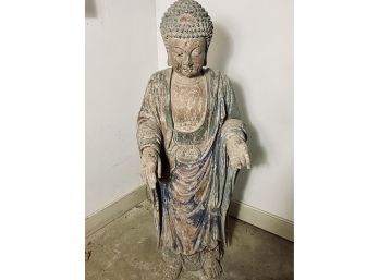 Carved Wood Asian Standing Buddha - Shows Signs Of Age