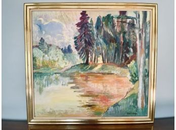 Gorgeous Large Oil On Canvas Signed Karl Schrag -  Noon Silence By A Pond