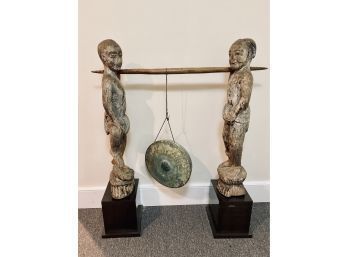 Antique Asian Carved Wood Men On Plastic Stands With Hanging Gong