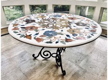 Marble Top Dining Table With Wrought Iron Base And Marble Inlay - Multicolor Floral Motif