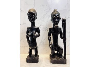 Pair Of Carved Dark Wood African Figures - Male And Female Nudes