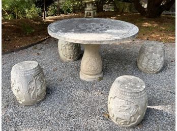 Carved Marble Pedestal Patio Table And 4 Carved Marble Stools - REQUIRES PROFESSIONAL MOVER BC OF WEIGHT