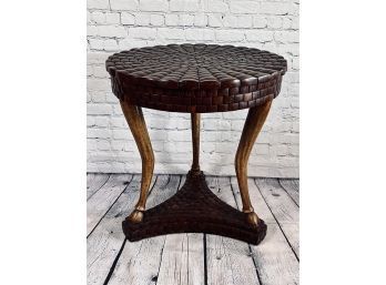 Maitland Smith Dark Wood Lattice Side Table With 3 Hoofed Legs And Triangle Base