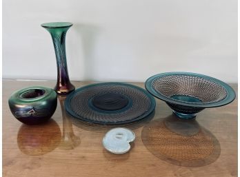 Collection Of 5 Pieces Green And Purple Blown Art Glass