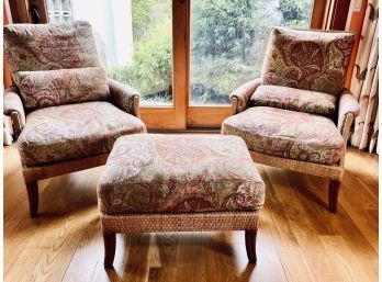 Pair Of Maguire Woven Wicker Armchairs With 1 Matching Ottoman - Neutral Paisley Fabric