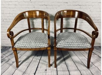 Pair Of Kreiss Collection Wood Framed Arm Chairs With Colonial Blue And Cream Upholstery