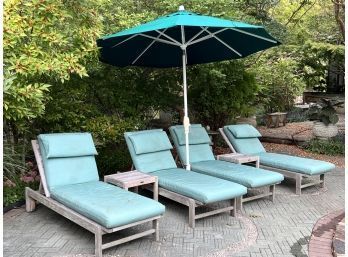 Set Of 4 Crate And Barrel Teak Lounge Chairs With 2 Side Tables