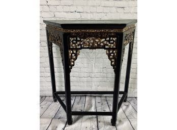 Asian Dark Wood Demi Lune Table - Carved Gold Detail