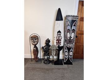 Collection Of 2 African Statues (1 Is Bronze) And 3 Shields