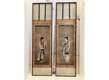 Pair Of Asian Print On Board With Fabric Detail - 2 Women