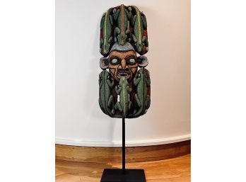 Incredible Beaded Wood African Face On Iron Stand With Lizards