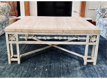 Very Large Cream Marble Top Coffee Table On Painted Iron Base This