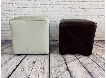 Pair Of Leather Cubes (used As Vanity Seats) - Sage Green And Brown