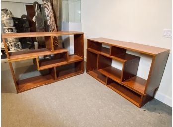 Pair Of Wood Veneer Modern Bookcases/shelving - Cherry Wood Color