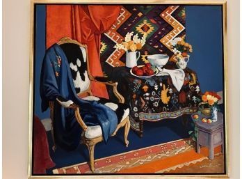 Large Framed Signed - Warren Brandt - Still Life (chair With Table And Fruit)