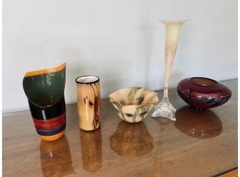 Collection Of 4 Pieces Of Gold And Red Blown Art Glass - Robert Eickholt, Nourot